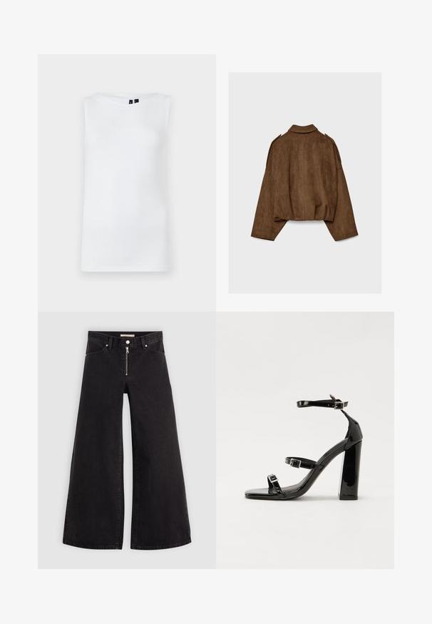 Brun jakke i imiteret ruskind med krave, oversized pasform og sænkede skuldre. Bagsiden har lodrette sømdetaljer og et cropped design.; Hvid ærmeløs top lavet af glat stof, med en rund halsudskæring og en tætsiddende silhuet uden synlige mønstre eller accenter.; Vide ben jeans i sort denim med lynlås foran, fem lomme-design og subtile stikninger. Glat tekstur og afslappet stil.; Sorte patenterede hælsandaler med firkantet tå, ankelremme og sølvspænder. Har en chunky blokHæl for stabilitet.