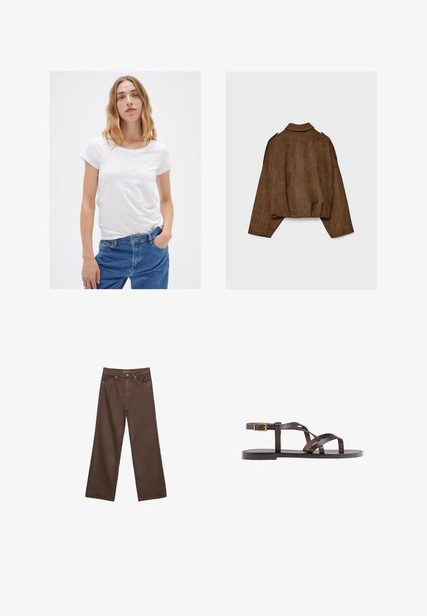 Ruskea tekonahkainen mokkatakki, jossa on kauluksellinen kaula-aukko, ylisuurikokoinen istuvuus ja laskostetut olkapäät. Takana pystysuoria saumadetaljeja ja lyhyt malli.; Valkoinen lyhythihainen t-paita pyöreällä kaula-aukolla, valmistettu pehmeästä materiaalista, yhdistettynä sinisiin farkkuihin, joissa on klassinen istuvuus ja viisi taskua.; Leviittävät ruskeat farkut, jotka on valmistettu denimistä, korkea vyötärö, etutaskut ja klassinen nappikiinnitys. Silkkinen pinta hienovaraisella ompelutyöllä.; Ruske kožne sandale s križnim trakama, zatvaranjem na kopču oko gležnja i ravnim potplatom s minimalnim detaljima šivanja.