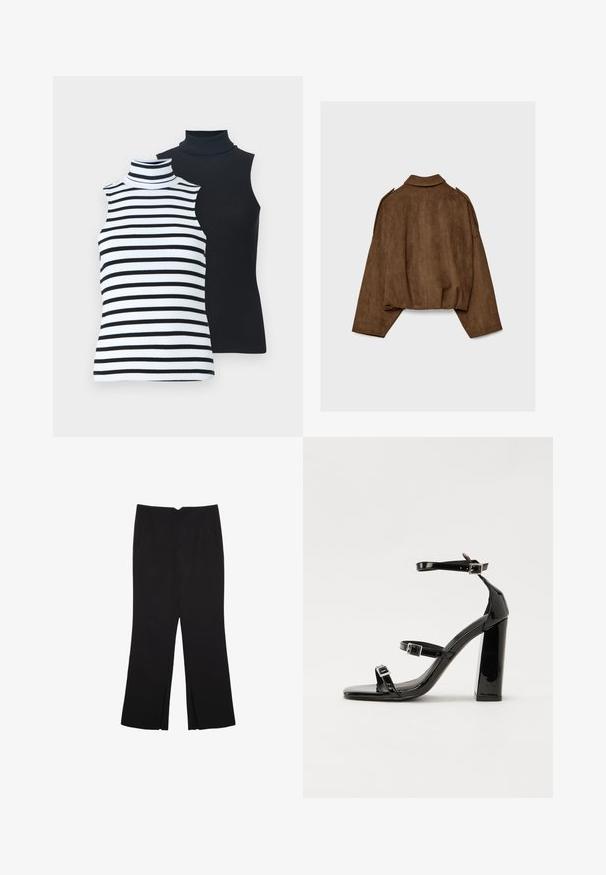 Hnedá bundu z umelého semišu s golierom, nadrozmerným strihom a spustenými ramenami. Zadná časť má vertikálne švy a skrátený dizajn.; Dve bezrukávové roláky: jeden biely s čiernymi pruhmi, druhý úplne čierny. Mäkká rebrovaná tkanina, priliehavý strih, bez ďalších detailov.; Čierne nohavice so strihom rovného strihu, s prednými vreckami a bočnými rozparkami na leme. Vyrobené z mäkkej, hladkej tkaniny. Vhodné na rôzne príležitosti.; Čierne lakované sandále na podpätku so štvorcovou špičkou, navlečenými remienkami okolo členku a striebornými prackami. Disponujú masívnym blokovým podpätkom pre stabilitu.
