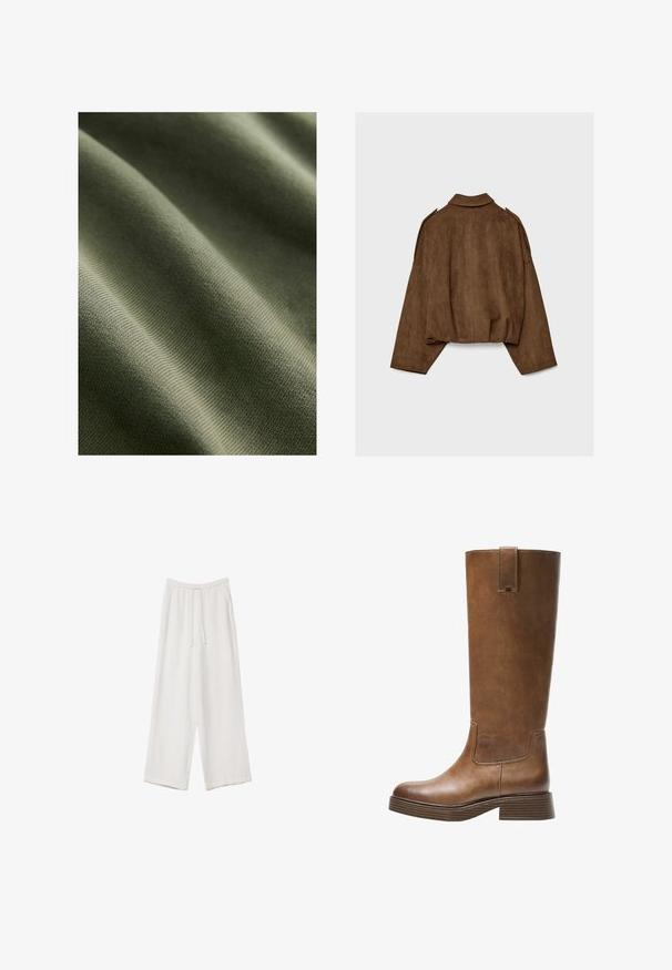 Braune Jacke aus Kunstwildleder mit Kragen, übergroßem Schnitt und abgefallenen Schultern. Der Rücken zeigt vertikale Nahtdetails und ein kurzes Design.; Olivgrüner Stoff mit glatter Textur, der subtile Rillen und Wellen aufweist und ein leichtes, dehnbares Material präsentiert.; Weiße weit geschnittene Hose aus leichtem Stoff. Mit einem elastischen Bund und Kordelzug sowie Seitentaschen. Glatte Textur.; Braunes Leder-Knöchelhochstiefel mit abgerundetem Zeh, strukturiertem Obermaterial und niedrigem, gestapeltem Absatz. Verfügt über ein seitliches Einsätzen und eine Ziehschlaufe an der Oberseite.