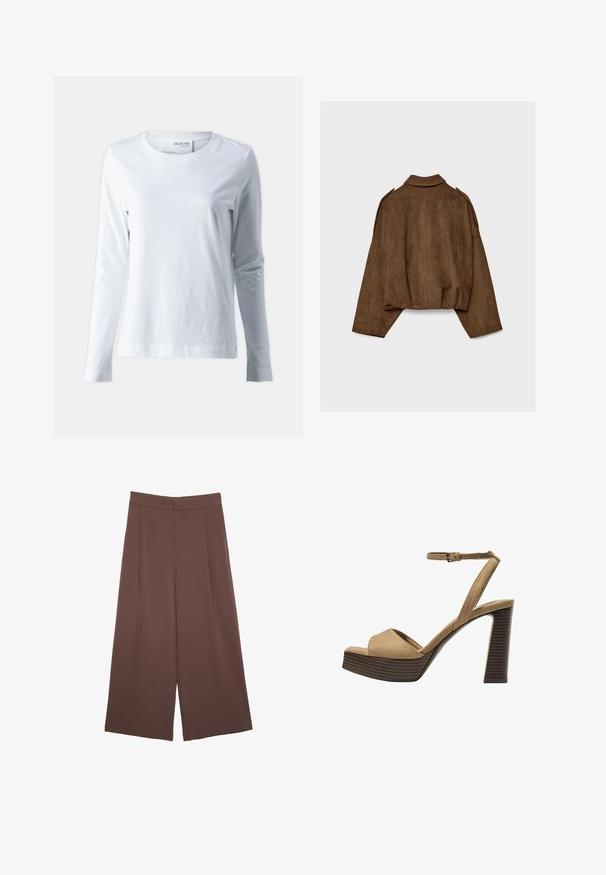 Braune Jacke aus Kunstwildleder mit Kragen, übergroßem Schnitt und abgefallenen Schultern. Der Rücken zeigt vertikale Nahtdetails und ein kurzes Design.; Weißes Langarm-T-Shirt aus weicher Baumwolle. Mit Rundhalsausschnitt und enganliegenden Ärmeln. Glatte Textur mit schlichten Design.; Braune Weite-Leg-Hosen mit einer glatten Textur, hoher Taille und Vorderfalten. Der Stoff ist leicht und fällt locker.; Beige Wildleder-Pumps mit hohem Absatz, breitem Vorderband und Knöchelriemen, ausgestattet mit einem klobigen Holzblockabsatz mit strukturiertem Finish.