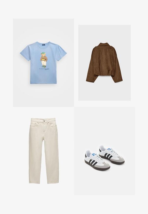 Rjava jakna iz umetnega usnja z ovratnikom, širokim krojem in spuščenimi rameni. Hrbtni del ima navpične šive in krajšano zasnovo.; Polo Ralph Lauren POLO BEAR COTTON JERSEY T-SHIRT - Potiskana majica - chambray blue; Beli traper hlače z sproščenim krojem, ravnimi nogami, petimi žepi in kovinskimi detajli z subtilno teksturo.; Športni čevlji z belim usnjenim zgornjim delom, sivim semišem na prstih in tremi črnimi črtami. Imajo modro logo na jeziku in teksturiran gumijast podplat.