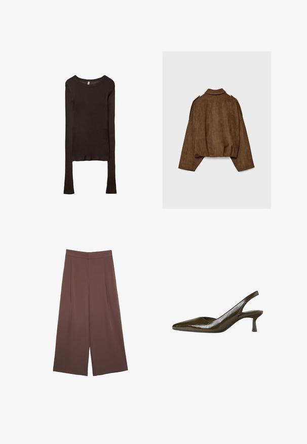 Braune Jacke aus Kunstwildleder mit Kragen, übergroßem Schnitt und abgefallenen Schultern. Der Rücken zeigt vertikale Nahtdetails und ein kurzes Design.; Langärmliges, tailliertes Oberteil aus dunkelbraunem Stoff. Runder Ausschnitt, glatte Textur und leicht verlängerte Ärmel ohne Bündchen.; Braune Weite-Leg-Hosen mit einer glatten Textur, hoher Taille und Vorderfalten. Der Stoff ist leicht und fällt locker.; Olivgrüner Slingback-Pump mit spitzer Zehenform und niedrigem, schlankem Absatz. Glänzende Textur mit leicht gewelltem Finish.