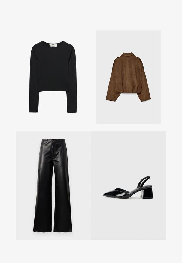 Brązowa kurtka z imitacji zamszu z kołnierzem, luźnym krojem i opuszczonymi ramionami. Tył ozdobiony jest pionowymi przeszyciami i ma krótki krój.; Czarny długi rękaw crop top wykonany z lekkiego materiału, z okrągłym dekoltem i dopasowanym krojem, z czystymi szwami i bez ozdób.; Czarne, wysokie na talii, szerokie spodnie z sztucznej skóry z guzikami z przodu, zapięciem na zamek, szlufkami na pasek i bocznymi kieszeniami na białym tle.; Czarne lakierowane półbuty na obcasie z wydłużonym noskiem i geometrycznym słupkiem. Charakteryzują się eleganckim, minimalistycznym designem oraz gładką fakturą.