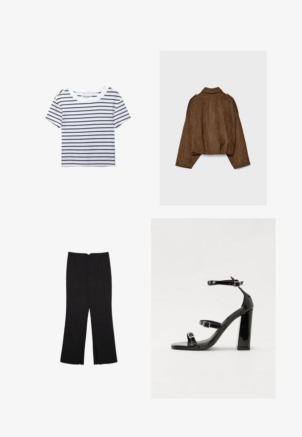 Hnedá bundu z umelého semišu s golierom, nadrozmerným strihom a spustenými ramenami. Zadná časť má vertikálne švy a skrátený dizajn.; Biele tričko s krátkym rukávom a námorníckymi horizontálnymi pruhmi, s okrúhlym výstrihom a jemnou rebrovanou textúrou.; Čierne nohavice so strihom rovného strihu, s prednými vreckami a bočnými rozparkami na leme. Vyrobené z mäkkej, hladkej tkaniny. Vhodné na rôzne príležitosti.; Čierne lakované sandále na podpätku so štvorcovou špičkou, navlečenými remienkami okolo členku a striebornými prackami. Disponujú masívnym blokovým podpätkom pre stabilitu.