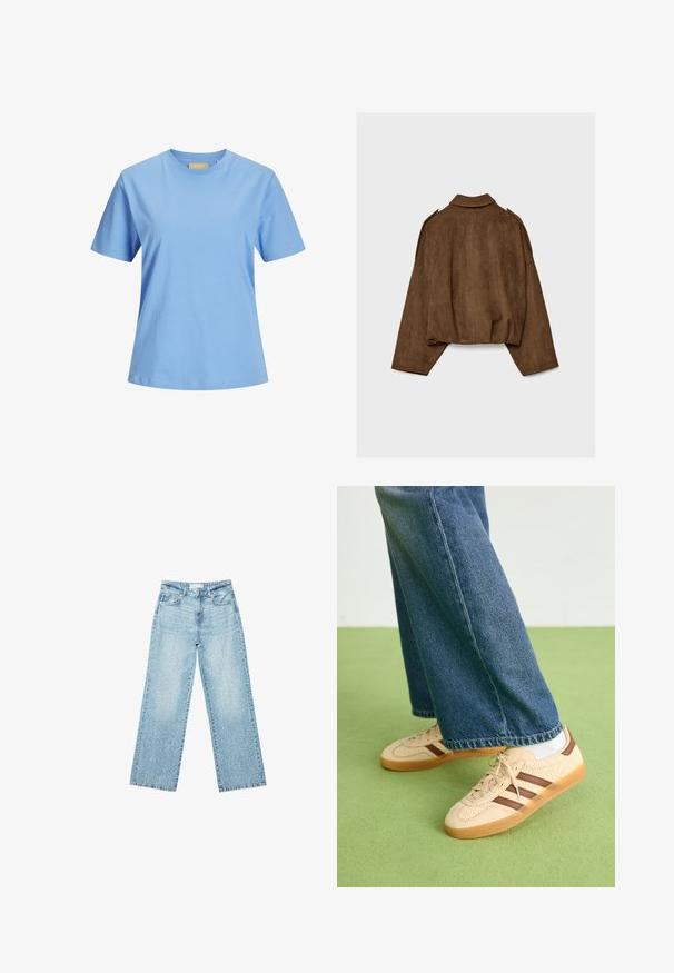 Hnědá bunda z umělé semiše s límcem, volným střihem a sníženými rameny. Na zádech jsou vertikální švy a zkrácený střih.; Světle modré tričko s krátkým rukávem z měkké bavlny. Design s kulatým výstřihem, uvolněný střih a bez viditelných vzorů nebo akcentů.; Světle modré džíny s širokými nohavicemi a vysokým pasem, s bledým odstínem a malými, rozptýlenými detaily opotřebení po celém povrchu.; Beige tenisky s texturovanými krémovými panely a hnědými pruhy, kombinované s modrými džínovými kalhotami. Džínsy mají široké nohavice a roztrhaný lem.