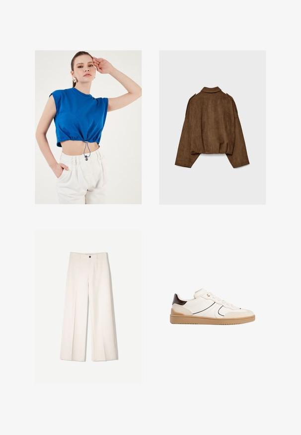 Ruskea tekonahkainen mokkatakki, jossa on kauluksellinen kaula-aukko, ylisuurikokoinen istuvuus ja laskostetut olkapäät. Takana pystysuoria saumadetaljeja ja lyhyt malli.; Sininen lyhythihainen croptop, jossa on frillimäinen helma, johon on lisätty kiristysnauha ja metallisäätö, yhdistettynä korkeavyötäröisiin valkoisiin housuihin.; Kerman leveletut housut räätälöidyllä designilla, joissa on kaksi etutaskua ja yksi etunapituksilla, valmistettu sileästä kankaasta.; Stradivarius Matalavartiset tennarit - white