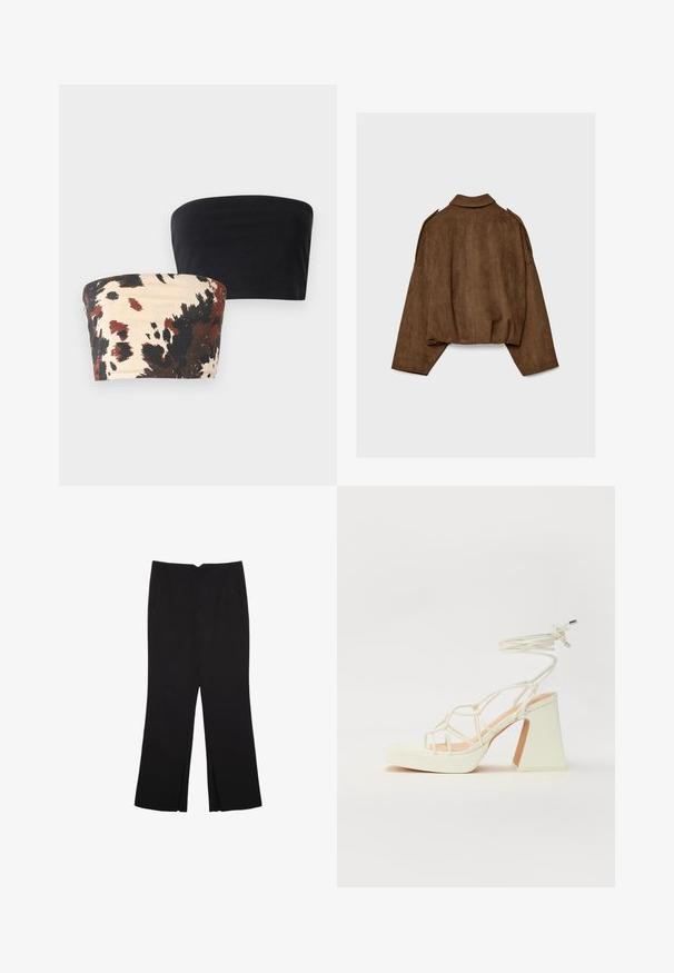 Hnedá bundu z umelého semišu s golierom, nadrozmerným strihom a spustenými ramenami. Zadná časť má vertikálne švy a skrátený dizajn.; Dva bezramienkové bandeau topy: jeden jednofarebný čierny, druhý smotanový s odvážnym čiernym a červeno-hnedým abstraktným vzorom. Elastický bavlnený materiál.; Čierne nohavice so strihom rovného strihu, s prednými vreckami a bočnými rozparkami na leme. Vyrobené z mäkkej, hladkej tkaniny. Vhodné na rôzne príležitosti.; Biele sandále na vysokom opätku s hrubým podpätkom, s pruhovaným dizajnom a viazaním na členku. Hladký povrch s platformou vpredu pre zvýšenú výšku.