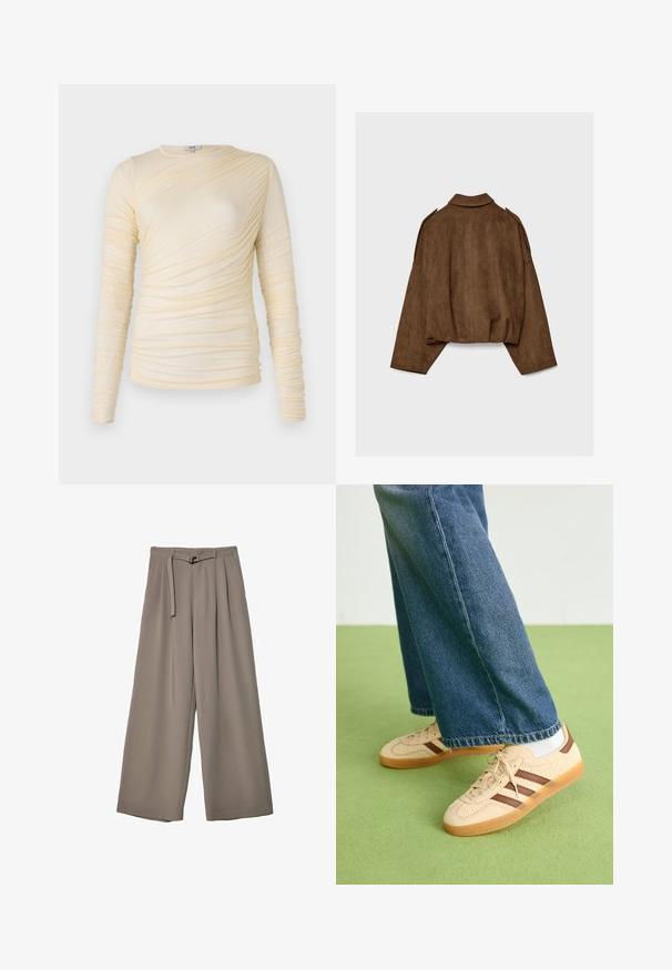 Hnědá bunda z umělé semiše s límcem, volným střihem a sníženými rameny. Na zádech jsou vertikální švy a zkrácený střih.; Krémový top s dlouhým rukávem, který má řasenou texturu a mírně přiléhavý střih. Měkká látka s kulatým výstřihem a hladkými švy.; Kalhoty s širokými nohavicemi v měkké, tlumené šedé látce, s páskem v pase a sklady pro přidaný designový detail. Hladká textura, bez vzorů.; Beige tenisky s texturovanými krémovými panely a hnědými pruhy, kombinované s modrými džínovými kalhotami. Džínsy mají široké nohavice a roztrhaný lem.