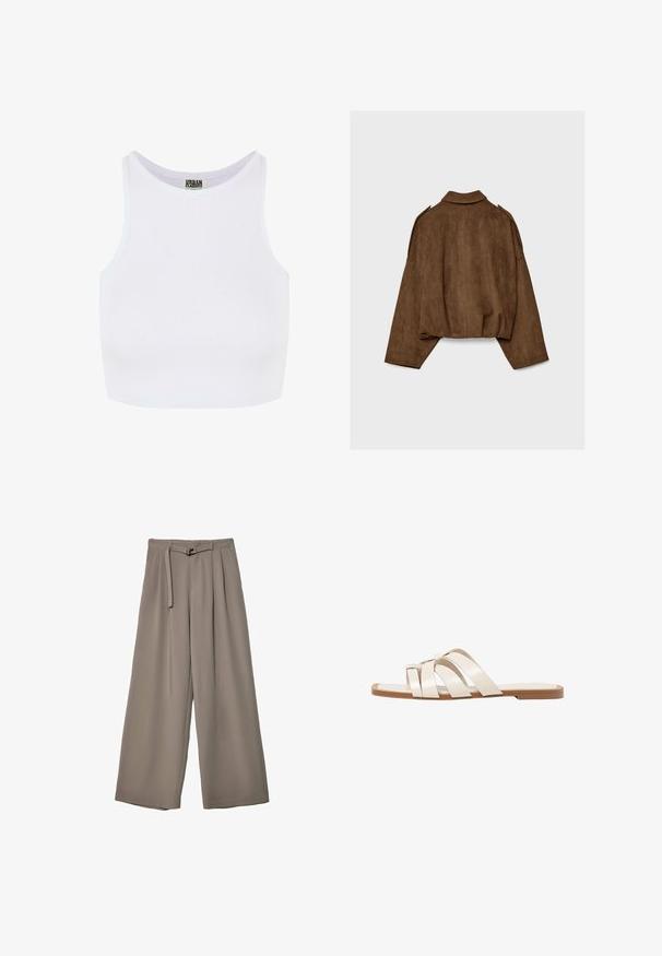 Giacca marrone in finto camoscio con collo a camicia, vestibilità oversize e spalle scese. La parte posteriore presenta cuciture verticali e un design corto.; Top cropped bianco a coste con spalline larghe e scollatura rotonda. Presenta una texture morbida e un design minimalista senza motivi.; Pantaloni a gamba larga in un morbido tessuto grigio tenue, con vita con cintura e pieghe per un tocco di design aggiuntivo. Texture liscia, senza motivi.; Infradito con suola in gomma color talpa, progettate con tre cinturini in pelle bianca sovrapposti e un piccolo dettaglio a fiocco al centro.