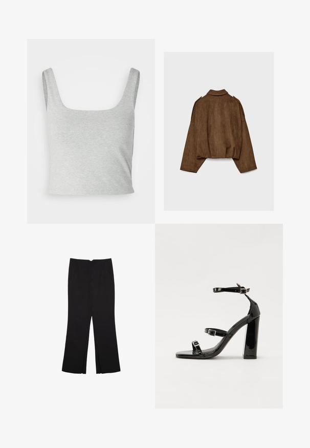 Giacca marrone in finto camoscio con collo a camicia, vestibilità oversize e spalle scese. La parte posteriore presenta cuciture verticali e un design corto.; Top cortissimo grigio con spalline larghe, scollo quadrato e una texture morbida e liscia. Design semplice senza ulteriori motivi o dettagli.; Pantaloni neri a gamba dritta, con tasche frontali e spacchi laterali all'orlo. Realizzati in tessuto morbido e liscio. Adatti a diverse occasioni.; Sandali con tacco in vernice nera, con punta squadrata, cinturini alla caviglia e fibbie in argento. Presentano un tacco a blocco spesso per maggiore stabilità.