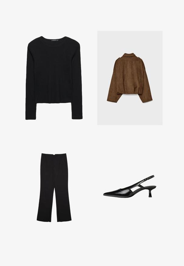 Bruine jas van imitatie suède met een kraag, een oversized pasvorm en doorgezakte schouders. De achterkant heeft verticale naaddetails en een cropped ontwerp.; Zwarte langmouwtop van textuurstof. Heeft een ronde halslijn en een cropped ontwerp met aansluitende mouwen. Geen zichtbare patronen.; Zwarte broek met een rechte pasvorm, voorzien van zijzakken en plooien aan de onderzijde. Gemaakt van zachte, gladde stof. Geschikt voor verschillende gelegenheden.; Zwarte gepatineerde leren slingback hakken met een puntige neus, uitsparing aan de zijkant en een kleine vierkante hak. Gladde textuur met minimale accenten.