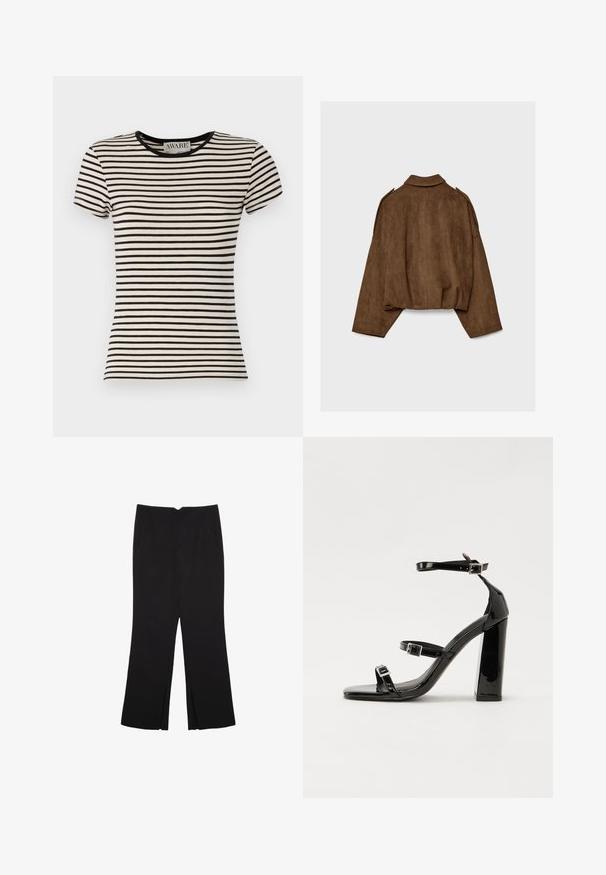 Hnedá bundu z umelého semišu s golierom, nadrozmerným strihom a spustenými ramenami. Zadná časť má vertikálne švy a skrátený dizajn.; Čierne a krémové pruhované tričko s krátkym rukávom a okrúhlym výstrihom, vyrobené z mäkkej tkaniny. Priamy strih s precíznym prešitím. Viditeľné logo AWARE.; Čierne nohavice so strihom rovného strihu, s prednými vreckami a bočnými rozparkami na leme. Vyrobené z mäkkej, hladkej tkaniny. Vhodné na rôzne príležitosti.; Čierne lakované sandále na podpätku so štvorcovou špičkou, navlečenými remienkami okolo členku a striebornými prackami. Disponujú masívnym blokovým podpätkom pre stabilitu.