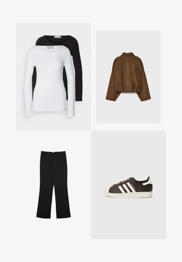 Hnedá bundu z umelého semišu s golierom, nadrozmerným strihom a spustenými ramenami. Zadná časť má vertikálne švy a skrátený dizajn.; Dlhé rukávy tričká z bielej a čiernej bavlny, s okrúhlymi výstrihmi a priliehavým strihom. Odkaz viditeľný na krku.; Čierne nohavice so strihom rovného strihu, s prednými vreckami a bočnými rozparkami na leme. Vyrobené z mäkkej, hladkej tkaniny. Vhodné na rôzne príležitosti.; Nízke tenisky Adidas Superstar z tmavohnedej kože s béžovou špičkou, bielymi pruhmi a nápisom „Superstar“ na boku.