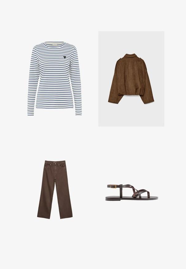 Ruskea tekonahkainen mokkatakki, jossa on kauluksellinen kaula-aukko, ylisuurikokoinen istuvuus ja laskostetut olkapäät. Takana pystysuoria saumadetaljeja ja lyhyt malli.; Pitkähihainen raidallinen paita valkoisena ja laivastonsinisenä, jossa on pyöreä kaula-aukko ja pieni musta sydänkoriste vasemmassa rinnassa. Pehmeä kangas.; Leviittävät ruskeat farkut, jotka on valmistettu denimistä, korkea vyötärö, etutaskut ja klassinen nappikiinnitys. Silkkinen pinta hienovaraisella ompelutyöllä.; Ruske kožne sandale s križnim trakama, zatvaranjem na kopču oko gležnja i ravnim potplatom s minimalnim detaljima šivanja.