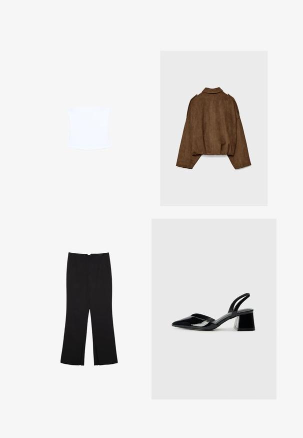 Braune Jacke aus Kunstwildleder mit Kragen, übergroßem Schnitt und abgefallenen Schultern. Der Rücken zeigt vertikale Nahtdetails und ein kurzes Design.; Weißes, trägerloses Oberteil mit einer taillierten Silhouette, glatter Textur und subtiler Kurvatur am Saum. Keine sichtbaren Muster oder Beschläge.; Schwarze Hose mit geradem Schnitt, ausgestattet mit Fronttaschen und Seitenschlitzen am Saum. Hergestellt aus weichem, glattem Stoff. Geeignet für verschiedene Anlässe.; Schwarze Lackleder-Slingback-High Heels mit spitzem Schuh und einem geometrischen Blockabsatz. Verfügt über ein schlankes, minimalistisches Design und eine glatte Textur.