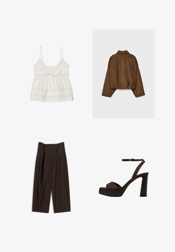 Rjava jakna iz umetnega usnja z ovratnikom, širokim krojem in spuščenimi rameni. Hrbtni del ima navpične šive in krajšano zasnovo.; Bela brezrokavna majica z nastavljivimi naramnicami, V-izrezom, nabranim pasom in dekorativnim čipkastim robom ob dnu in bodiju. Mehka bombažna tkanina.; Temno rjave široke hlače z visokim pasom, ki imajo en gumb za zapiranje in zamaščen sprednji del. Narejene so iz lahkega blaga.; Rjave semiš sandale z visoko peto, odprto spredaj, z nastavljivim gležnjenjem in črtastim podplatom.