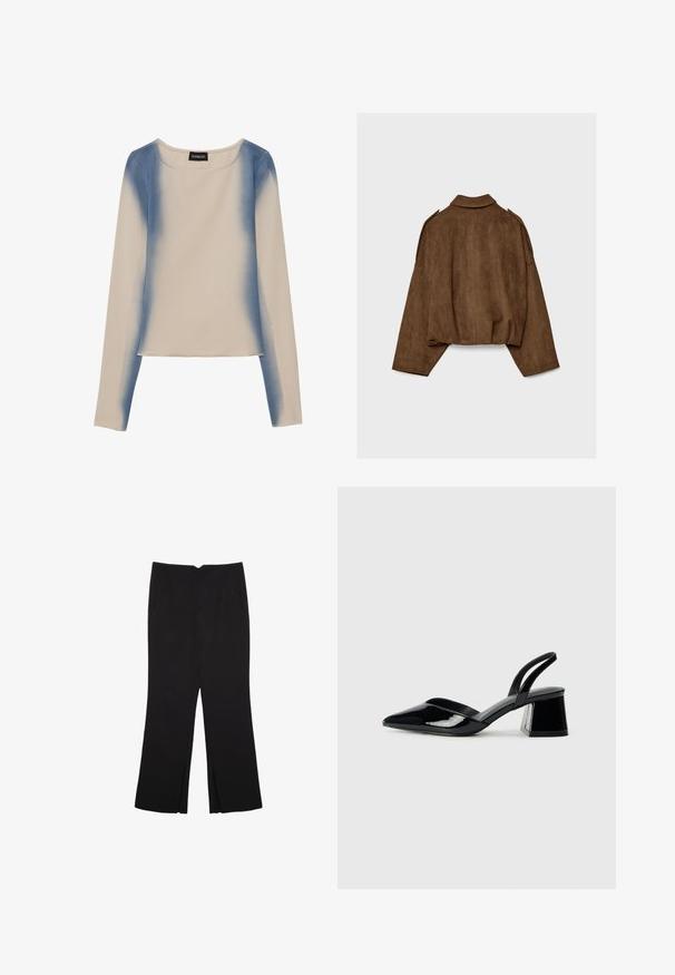 Hnedá bundu z umelého semišu s golierom, nadrozmerným strihom a spustenými ramenami. Zadná časť má vertikálne švy a skrátený dizajn.; Dlhý rukáv top v svetlej béžovej farbe s gradientným modrým dizajnom. Hladká textúra s okrúhlym výstrihom a rovnými okrajmi.; Čierne nohavice so strihom rovného strihu, s prednými vreckami a bočnými rozparkami na leme. Vyrobené z mäkkej, hladkej tkaniny. Vhodné na rôzne príležitosti.; Čierne lakované kožené sandálové podpätky s špicatou špičkou a geometrickým blokovým podpätkom. Disponujú elegantným, minimalistickým dizajnom a hladkým povrchom.
