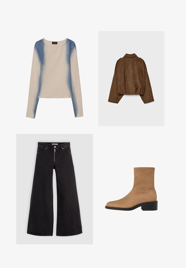 Rjava jakna iz umetnega usnja z ovratnikom, širokim krojem in spuščenimi rameni. Hrbtni del ima navpične šive in krajšano zasnovo.; Dolga majica v svetle bež barvi, ki se ponaša z gradientnim modrim dizajnom. Gladka tekstura z okroglo ovratnikom in ravnim robom.; Široke traperice iz črnega denima z zadrgo spredaj, petimi žepi in diskretnimi šivi. Gladka tekstura in ležeren slog.; Svetlo rjave antilop škornje z kvadratnim nosom, nizkim blokastim petnim delom in brezšivno zasnovo. Imajo subtilno šivanje ob robovih.