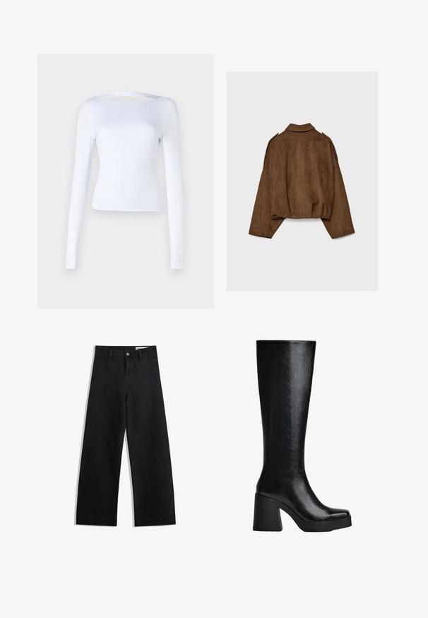 Hnedá bundu z umelého semišu s golierom, nadrozmerným strihom a spustenými ramenami. Zadná časť má vertikálne švy a skrátený dizajn.; Biely dlhej rukávov top s obdĺžnikovým výstrihom a výrezom na chrbte. Vyrobený z hladkej, elastickej tkaniny. Úzky strih.; Čierne denimové nohavice s širokými nohavicami a vysokým pásom, so prednými a zadnými vreckami, šitými švami a zapínaním na gombík. Hladká textúra.; Čierne vysoké čižmy po kolená vyrobené z textúrovaného syntetického materiálu, s hranatou špičkou, robustným vysokým podpätkom a hladkým, elegantným povrchom.