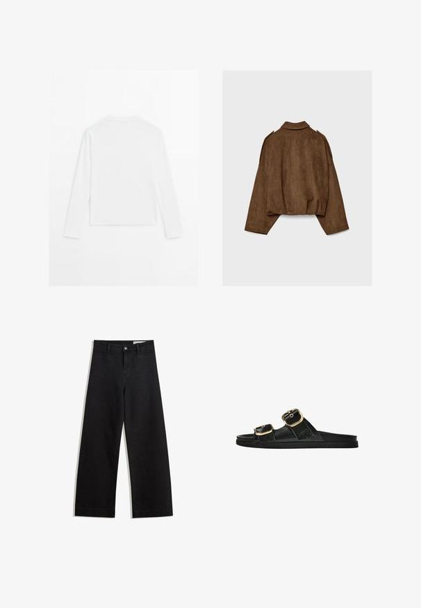 Brun jakke i imiteret ruskind med krave, oversized pasform og sænkede skuldre. Bagsiden har lodrette sømdetaljer og et cropped design.; Simpel hvid langærmet skjorte, rund hals, vist fra ryggen, lagt fladt på en hvid baggrund.; Sorte wide-leg denim bukser med høj talje, der har front- og baglommer, syede sømme og en knaplukning. Glat tekstur.; Sort skridsandal med to guldspænder, glat tekstureret materiale, flad sål og et minimalistisk design.