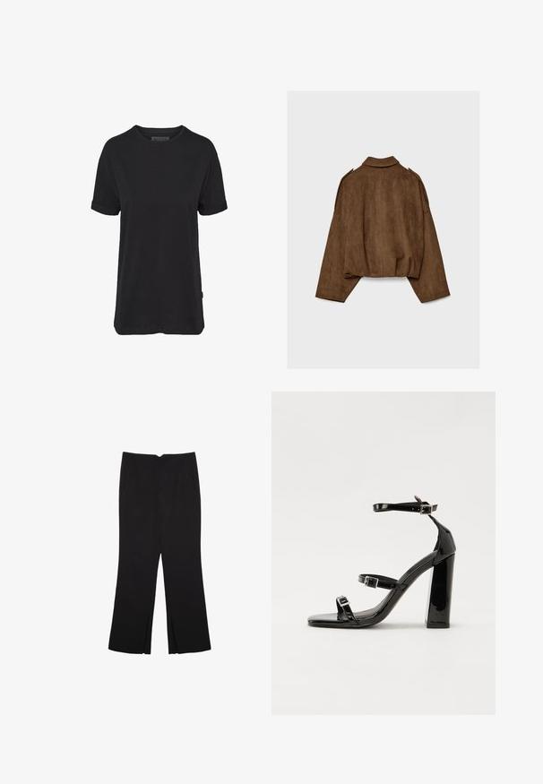 Rjava jakna iz umetnega usnja z ovratnikom, širokim krojem in spuščenimi rameni. Hrbtni del ima navpične šive in krajšano zasnovo.; Črna bombažna majica s kratkimi rokavi, okroglim izrezom in zavihanimi manšeti; na bočnem robu ima diskreten oznako blagovne znamke.; Črne hlače ravnega kroja z naglavnimi žepi in stranskimi razporki na robu. Narejene iz mehke, gladke tkanine. Primerne za različne priložnosti.; Črne lakaste sandale z visokimi petami, z dvema trakovoma z zaponkama, kvadratnim sprednjim delom in masivno širšo peto, z gladko, sijočo teksturo.