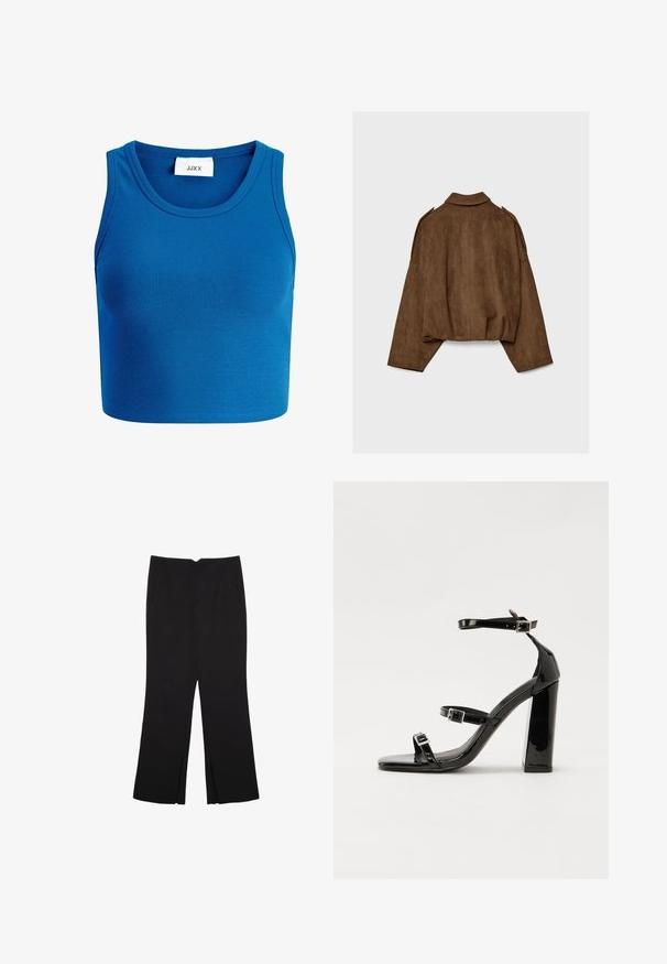 Hnědá bunda z umělé semiše s límcem, volným střihem a sníženými rameny. Na zádech jsou vertikální švy a zkrácený střih.; Modrý pruhovaný krátký top s širokým výstřihem, bez rukávů a štítkem s nápisem "JJXX" umístěným ve středu výstřihu.; Černé kalhoty s rovným střihem, s předními kapsami a bočními rozparky na lemu. Vyrobené z jemné, hladké tkaniny. Vhodné na různé příležitosti.; Černé lakované sandály na podpatku se čtveratou špičkou, lýtkovými pásky a stříbrnými přezkami. Disponují masivním blokovým podpatkem pro stabilitu.