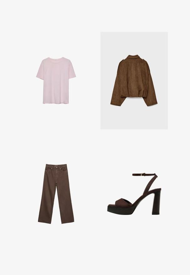 Hnedá bundu z umelého semišu s golierom, nadrozmerným strihom a spustenými ramenami. Zadná časť má vertikálne švy a skrátený dizajn.; Svetloružové bavlnené tričko s krátkymi rukávmi, okrúhlym výstrihom a voľným strihom. Hladká textúra a jednoduchý dizajn, bez ďalších vzorov alebo akcentov.; Džínsy s širokými nohavicami v hnedej farbe, vyrobené z denimu, so zvýšeným pásom, prednými vreckami a klasickým zapínaním na gombík. Hladká textúra s jemným prešívaním.; Hnedé semišové sandále na vysokom podpätku s otvorenou špičkou, nastaviteľným členkovým remienkom a pruhovanou platformovou podrážkou.