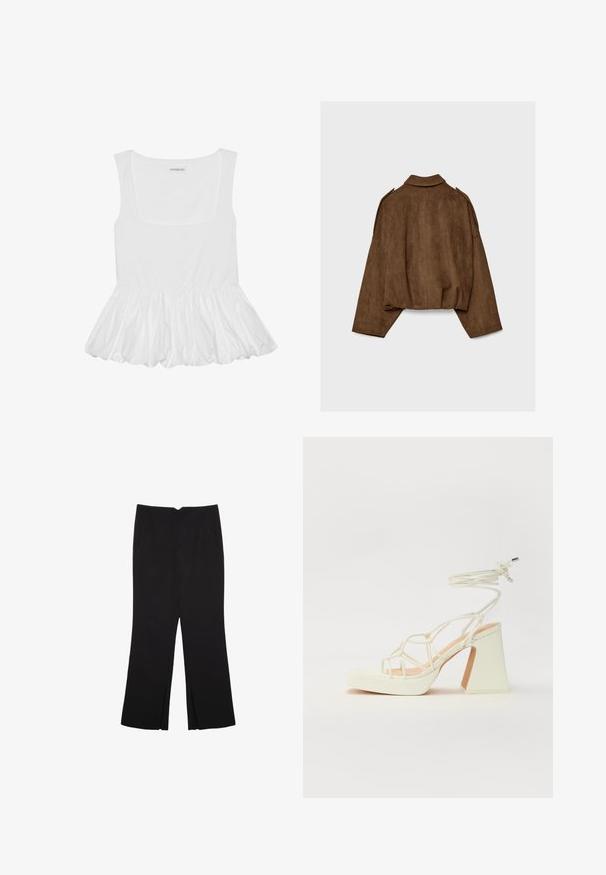 Giacca marrone in finto camoscio con collo a camicia, vestibilità oversize e spalle scese. La parte posteriore presenta cuciture verticali e un design corto.; Top bianco senza maniche con scollatura quadrata, caratterizzato da un orlo a volant arricciato. Realizzato in tessuto morbido con una superficie liscia.; Pantaloni neri a gamba dritta, con tasche frontali e spacchi laterali all'orlo. Realizzati in tessuto morbido e liscio. Adatti a diverse occasioni.; Sandalo bianco con tacco alto, caratterizzato da un design a cinturini e un legaccio alla caviglia. Texture liscia con una piattaforma frontale per un'altezza aggiuntiva.