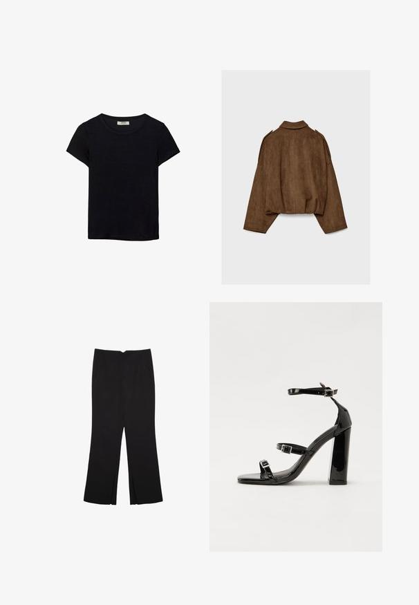 Brun jakke i imiteret ruskind med krave, oversized pasform og sænkede skuldre. Bagsiden har lodrette sømdetaljer og et cropped design.; Sort kortærmet t-shirt lavet af blødt stof. Har en klassisk rund halsudskæring og en afslappet pasform. Ingen mønstre eller accenter synlige.; Sorte bukser med lige pasform, der har frontlommer og slidser i kanten. Lavet af blødt, glat stof. Velegnet til forskellige anledninger.; Sorte patenterede hælsandaler med firkantet tå, ankelremme og sølvspænder. Har en chunky blokHæl for stabilitet.