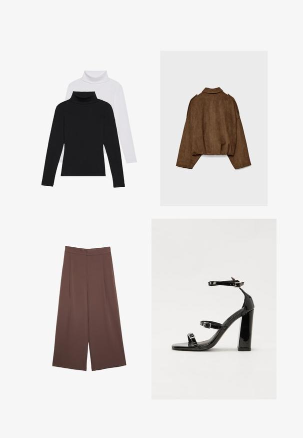 Brun jacka i fuskmocka med krage, oversized passform och nedsänkta axlar. Bakstycket har vertikal sömdetalj och en kortare design.; Svart- och vitrandiga långärmade polotröjor staplade, tillverkade av ribbat tyg, med figursydda former och höga kragar.; Bruna vida byxor med en slät textur, som har hög midja och framfickor. Tyget är lätt och flödar löst.; Svarta lackerade högklackade sandaler med två spännband, fyrkantig tå och en tjock klack, med en slät och glansig yta.