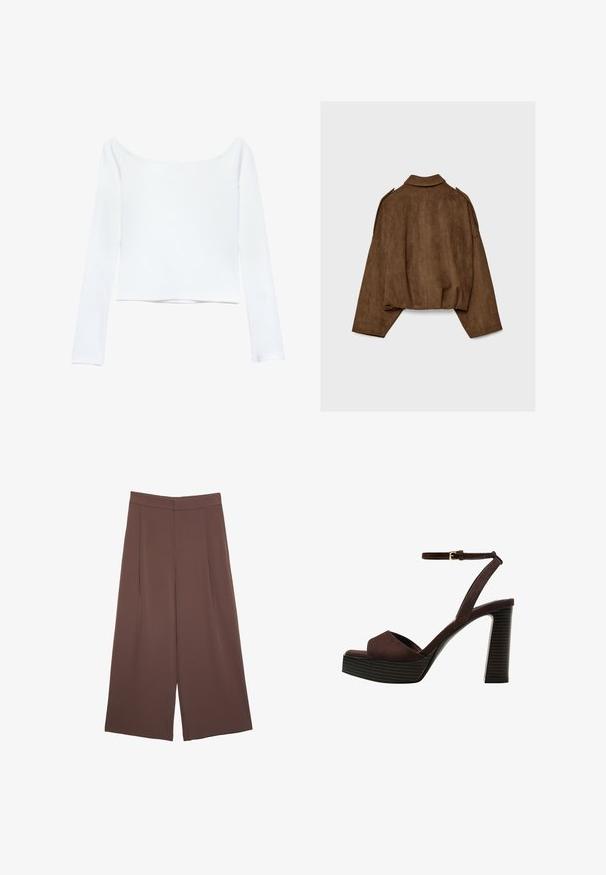 Giacca marrone in finto camoscio con collo a camicia, vestibilità oversize e spalle scese. La parte posteriore presenta cuciture verticali e un design corto.; Crop top bianco a maniche lunghe con scollatura off-the-shoulder. Realizzato in un tessuto liscio e elasticizzato, senza motivi visibili o decorazioni.; Pantaloni ampi marroni con una texture liscia, caratterizzati da una vita alta e pieghe frontali. Il tessuto è leggero e scorre liberamente.; Sandal in camoscio marrone con tacco alto, punta aperta, cinturino alla caviglia regolabile e suola a piattaforma striata.