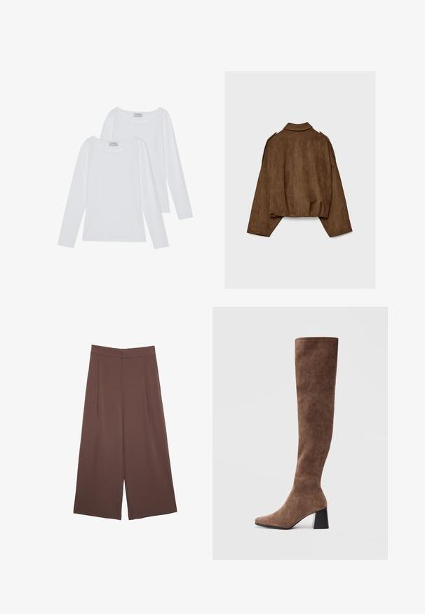 Braune Jacke aus Kunstwildleder mit Kragen, übergroßem Schnitt und abgefallenen Schultern. Der Rücken zeigt vertikale Nahtdetails und ein kurzes Design.; Zwei langärmelige Oberteile in Weiß, mit runden Ausschnitten und weichem Stoff, minimalen Nähten und klaren Linien für einen vielseitigen Look.; Braune Weite-Leg-Hosen mit einer glatten Textur, hoher Taille und Vorderfalten. Der Stoff ist leicht und fällt locker.; Braune Overknee-Stiefel aus weichem Wildleder mit spitzer Zehenform und einem massiven schwarzen Absatz. Das Design verfügt über nahtlose Nähte für einen eleganten Look.