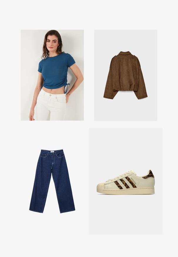 Rjava jakna iz umetnega usnja z ovratnikom, širokim krojem in spuščenimi rameni. Hrbtni del ima navpične šive in krajšano zasnovo.; Modra rebrasta kratka majica s kratkimi rokavi, ki ima nastavljivo drsenje ob strani in vrvice. V kombinaciji z belimi kavbojkami z visokim pasom.; Široke temno modre kavbojke z gumbom, petimi žepi in kontrastnim belim šivanjem. Tkanina ima gladko, rahlo teksturirano površino.; Off-white Adidas Superstar čevlji z leopardjim vzorcem na črtah in petni manšeti, bež gumijastim zaščitnim koncem in napisom "SUPERSTAR" na strani.