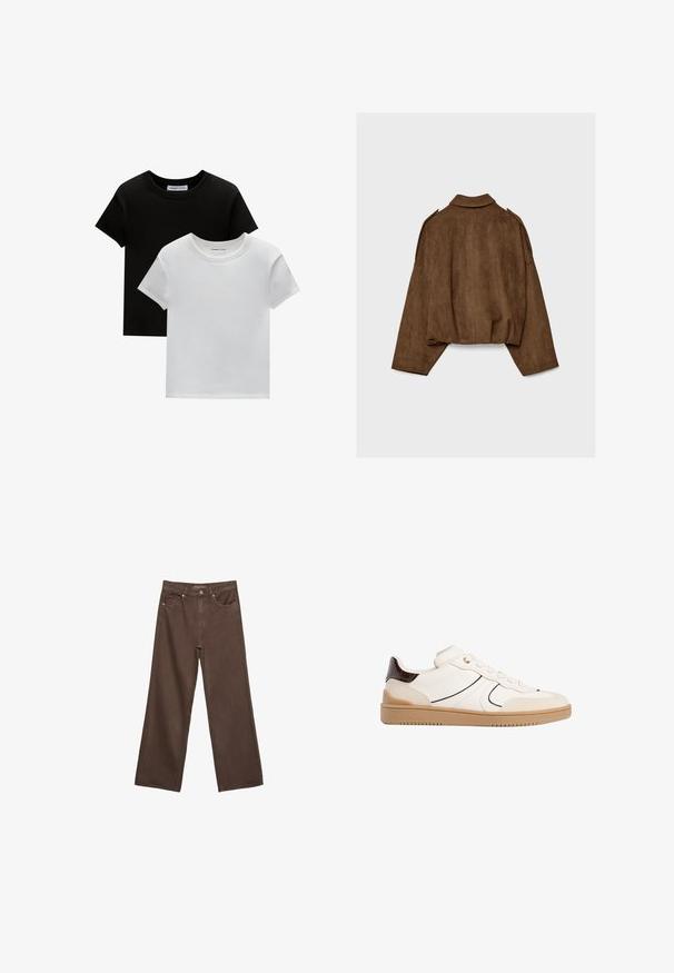 Brun jakke i imiteret ruskind med krave, oversized pasform og sænkede skuldre. Bagsiden har lodrette sømdetaljer og et cropped design.; To crew-neck t-shirts i sort og hvid, lavet af bomuld. De har korte ærmer og et ensfarvet design uden mønstre eller accenter.; Bredde ben brun denim jeans med høj talje, forlommer og klassisk knaplukning. Glat tekstur med diskret syninger.; Stradivarius Sneakers - white