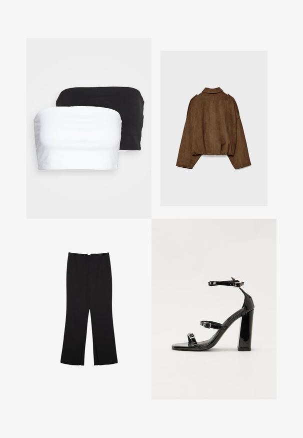 Rjava jakna iz umetnega usnja z ovratnikom, širokim krojem in spuščenimi rameni. Hrbtni del ima navpične šive in krajšano zasnovo.; Dva brezramna kratka zgornja dela v črni in beli barvi, izdelana iz raztegljivega bombažnega blaga. Gladka tekstura z enostavnim dizajnom in brez vidnih šivov.; Črne hlače ravnega kroja z naglavnimi žepi in stranskimi razporki na robu. Narejene iz mehke, gladke tkanine. Primerne za različne priložnosti.; Črne lakirane sandale s peto, kvadratnim prstom, trakovi okrog gležnja in srebrnimi zaponkami. Opremljene so s stabilno Debelo peto.