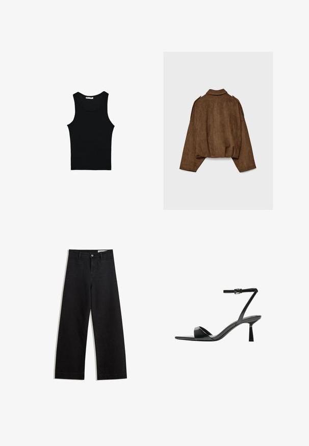 Brun jakke i imiteret ruskind med krave, oversized pasform og sænkede skuldre. Bagsiden har lodrette sømdetaljer og et cropped design.; Sort bomulds tanktop med rund udskæring, ærmeløs design og tætsiddende silhuet. Glat tekstur med et subtilt ribbet mønster.; Sorte wide-leg denim bukser med høj talje, der har front- og baglommer, syede sømme og en knaplukning. Glat tekstur.; Bershka Højhælede sandaletter / Højhælede sandaler - black