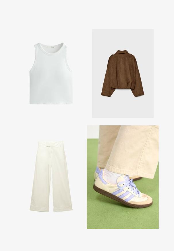 Brązowa kurtka z imitacji zamszu z kołnierzem, luźnym krojem i opuszczonymi ramionami. Tył ozdobiony jest pionowymi przeszyciami i ma krótki krój.; Biała, prążkowana koszulka na ramiączkach z szerokimi ramiączkami i okrągłym dekoltem. Wykonana z miękkiego, elastycznego materiału dla komfortu i dopasowania.; Szerokie spodnie w miękkim, kremowym materiale. Posiadają płaski pas i podwinięte mankiety. Gładka tekstura z czystym, minimalistycznym wzornictwem.; Kremowe i lawendowe trampki z trzema paskami oraz teksturowaną brązową podeszwą, wyposażone w sznurówki i wyścieloną piętę. Górna część z miękkiego materiału.