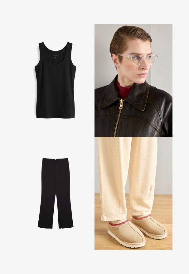 Braune Jacke aus Kunstwildleder mit Kragen, übergroßem Schnitt und abgefallenen Schultern. Der Rücken zeigt vertikale Nahtdetails und ein kurzes Design.; Schwarzes ärmelloses Tanktop mit rundem Ausschnitt. Hergestellt aus glattem Stoff mit einem schlichten Design und ohne sichtbare Muster oder Verzierungen.; Schwarze Hose mit geradem Schnitt, ausgestattet mit Fronttaschen und Seitenschlitzen am Saum. Hergestellt aus weichem, glattem Stoff. Geeignet für verschiedene Anlässe.; Beige Wildlederschuhe mit rotem dekorativem Rand und weißer Gummisohle, kombiniert mit hellbeigen Hosen, auf einem Holzboden.; Klarer Acetat Cat-Eye-Brillen mit gelb getönten Gläsern, getragen von einer Person in einer dunklen Lederjacke und rotem Rollkragenpullover. Glatte Textur.