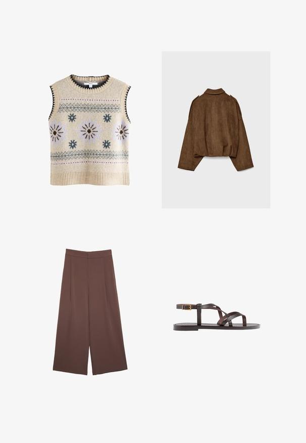 Brun jacka i fuskmocka med krage, oversized passform och nedsänkta axlar. Bakstycket har vertikal sömdetalj och en kortare design.; Next REGULAR FIT - Linne - neutral; Bruna vida byxor med en slät textur, som har hög midja och framfickor. Tyget är lätt och flödar löst.; Bruna lädersandaler med korsade remmar, spänne runt vristen och en platt sula med minimala sömnadsdetaljer.