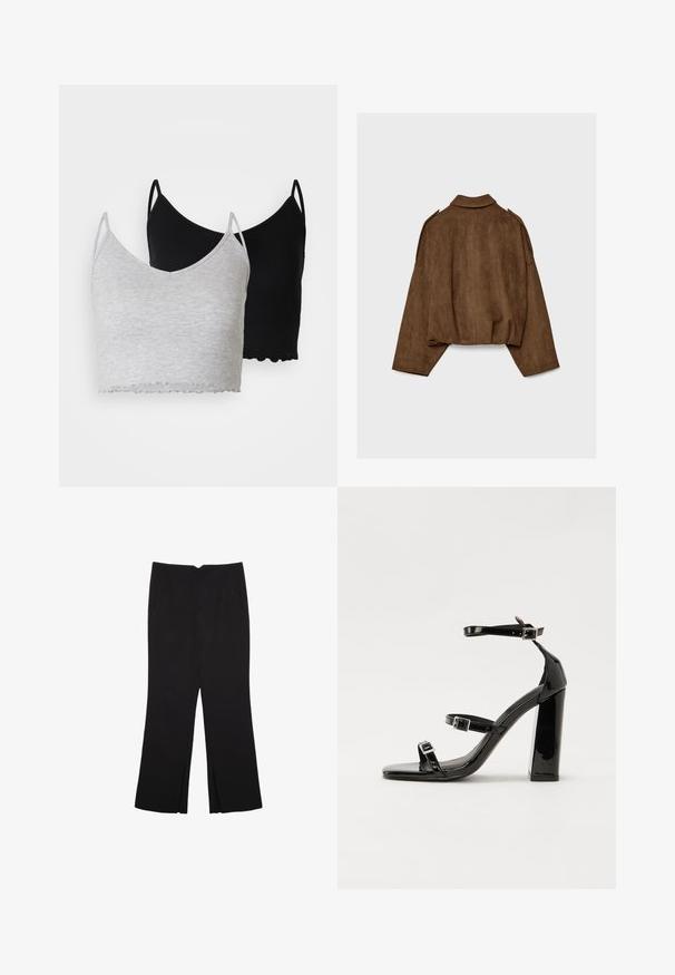 Braune Jacke aus Kunstwildleder mit Kragen, übergroßem Schnitt und abgefallenen Schultern. Der Rücken zeigt vertikale Nahtdetails und ein kurzes Design.; Even&Odd 2 PACK - Top - black/light grey; Schwarze Hose mit geradem Schnitt, ausgestattet mit Fronttaschen und Seitenschlitzen am Saum. Hergestellt aus weichem, glattem Stoff. Geeignet für verschiedene Anlässe.; Schwarze patentierte Sandalen mit Absatz, quadratischer Spitze, Knöchelriemen und silbernen Schnallen. Mit einem stabilen Blockabsatz für mehr Stabilität.