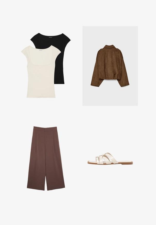 Braune Jacke aus Kunstwildleder mit Kragen, übergroßem Schnitt und abgefallenen Schultern. Der Rücken zeigt vertikale Nahtdetails und ein kurzes Design.; Zwei figurbetonte Kurzarmoberteile: eines in Schwarz und eines in Elfenbein. Beide haben einen quadratischen Ausschnitt und eine gerippte Textur mit einer glatten Oberfläche.; Braune Weite-Leg-Hosen mit einer glatten Textur, hoher Taille und Vorderfalten. Der Stoff ist leicht und fällt locker.; Flache Sandalen mit einer honigfarbenen Gummisohle, gestaltet mit drei überlappenden weißen Lederriemen und einem kleinen Schleifendetail in der Mitte.
