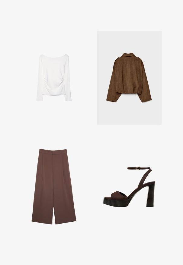 Rjava jakna iz umetnega usnja z ovratnikom, širokim krojem in spuščenimi rameni. Hrbtni del ima navpične šive in krajšano zasnovo.; Bela dolga majica z širokim izrezom in nabranim detajlom na hrbtni strani. Gladka tekstura, oprijet dizajn.; Rjave široke hlače z gladko teksturo, ki imajo visok pas in sprednje naborke. Tkanina je lahka in prosto pada.; Rjave semiš sandale z visoko peto, odprto spredaj, z nastavljivim gležnjenjem in črtastim podplatom.