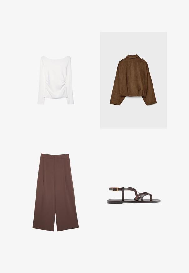Brown faux suede jacket with a collared neck, oversized fit, and dropped shoulders. The back features vertical seam detailing and a cropped design.; Long-sleeve white top featuring a wide neckline and gathered detail at the back. Smooth texture, form-fitting design.; Brown wide-leg trousers with a smooth texture, featuring a high waist and front pleats. The fabric is lightweight and flows loosely.; Brown leather sandal featuring crisscross straps, an ankle buckle closure, and a flat sole with minimal stitching details.
