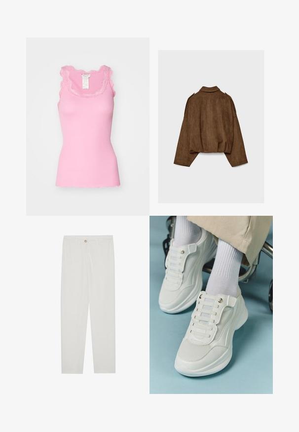 Giacca marrone in finto camoscio con collo a camicia, vestibilità oversize e spalle scese. La parte posteriore presenta cuciture verticali e un design corto.; Rosemunde BABETTE U NECK - Top - dolly pink; Pantaloni bianchi su misura con design a gamba dritta, dotati di chiusura a bottone, passanti per cintura e tasche laterali; tessuto morbido.; Sneaker bianchi realizzati in materiale a rete, suola in gomma, design senza lacci con bande elastiche e dettagli in tonalità oro.