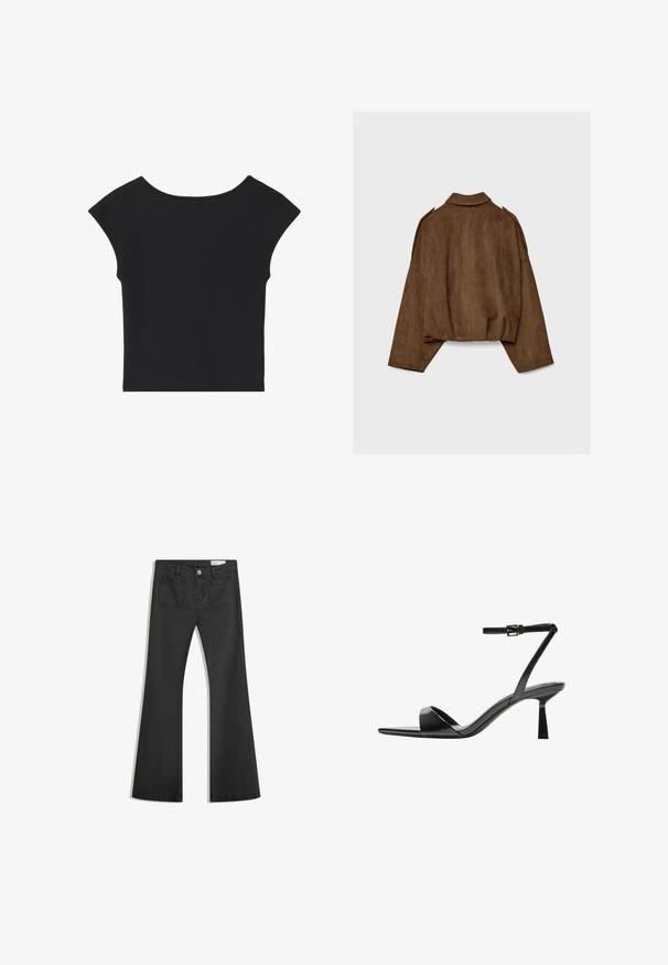 Braune Jacke aus Kunstwildleder mit Kragen, übergroßem Schnitt und abgefallenen Schultern. Der Rücken zeigt vertikale Nahtdetails und ein kurzes Design.; Schwarzes kurz geschnittenes Top mit kurzen Kappenärmel, runder Halsauschnitt und glatter Stoffoberfläche, das ein schlichtes Design ohne Muster oder Verzierungen aufweist.; Schwarze Schlagjeans aus Denim mit glatter Textur, ausgestattet mit zwei Gesäßtaschen und einem Knopfverschluss an der Taille.; Bershka High Heel Sandalette - black