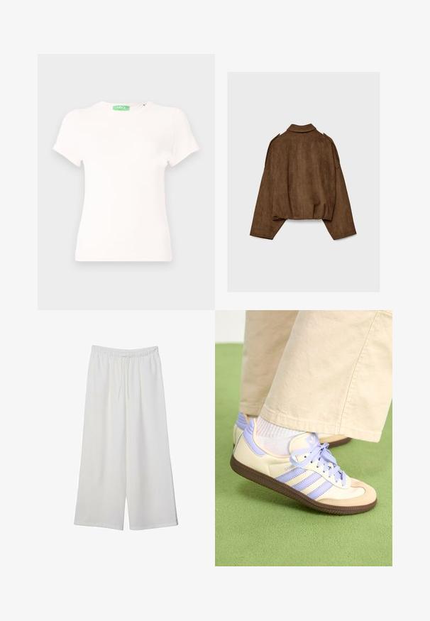 Ruskea tekonahkainen mokkatakki, jossa on kauluksellinen kaula-aukko, ylisuurikokoinen istuvuus ja laskostetut olkapäät. Takana pystysuoria saumadetaljeja ja lyhyt malli.; Valkoinen lyhythihainen t-paita, joka on valmistettu pehmeästä kankaasta. Siinä on pyöreä pääntie ja vihreä etiketti kauluksessa. Yksinkertainen muotoilu ja vartalonmyötäinen leikkaus.; Valkoiset leveälahkeiset housut, jotka on valmistettu kevyestä kankaasta. Niissä on joustava vyötärö ja nauha säädettävää istuvuutta varten. Sileä pinta.; Kermasilta ja laventelilta näyttävät lenkkarit kolmella raidalla ja teksturoidulla ruskealla pohjalla, varustettuna nauhoilla ja pehmustetulla kantapäällä. Pehmeä kangaspinta.