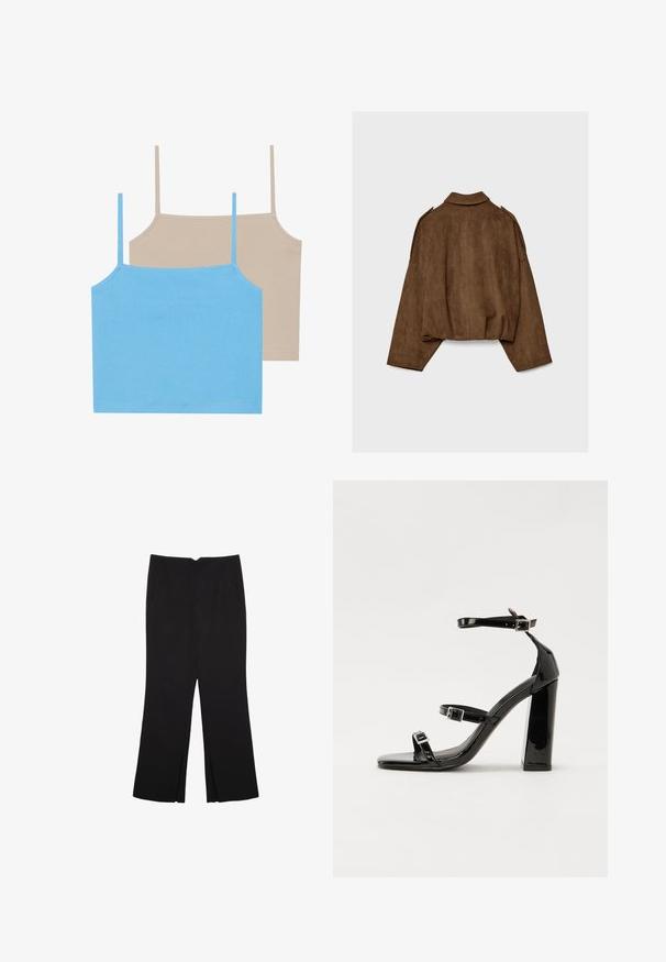 Braune Jacke aus Kunstwildleder mit Kragen, übergroßem Schnitt und abgefallenen Schultern. Der Rücken zeigt vertikale Nahtdetails und ein kurzes Design.; Even&Odd 2 PACK - Top - azure blue/simply taupe; Schwarze Hose mit geradem Schnitt, ausgestattet mit Fronttaschen und Seitenschlitzen am Saum. Hergestellt aus weichem, glattem Stoff. Geeignet für verschiedene Anlässe.; Schwarze patentierte Sandalen mit Absatz, quadratischer Spitze, Knöchelriemen und silbernen Schnallen. Mit einem stabilen Blockabsatz für mehr Stabilität.