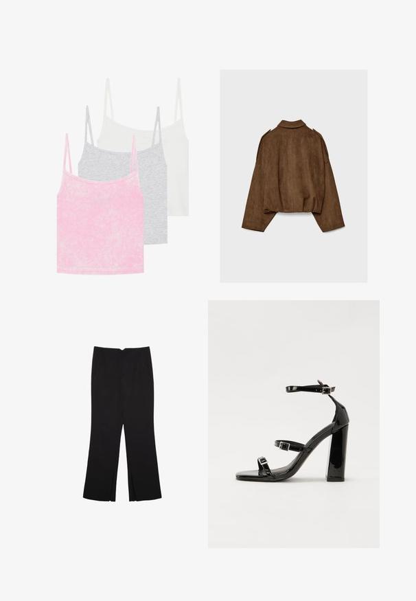 Hnědá bunda z umělé semiše s límcem, volným střihem a sníženými rameny. Na zádech jsou vertikální švy a zkrácený střih.; Sada tří tílek v růžové, šedé a bílé. Vyrobeno z žebrované tkaniny s tenkými ramínky. Každé tílko má kulatý výstřih.; Černé kalhoty s rovným střihem, s předními kapsami a bočními rozparky na lemu. Vyrobené z jemné, hladké tkaniny. Vhodné na různé příležitosti.; Černé lakované sandály na podpatku se čtveratou špičkou, lýtkovými pásky a stříbrnými přezkami. Disponují masivním blokovým podpatkem pro stabilitu.