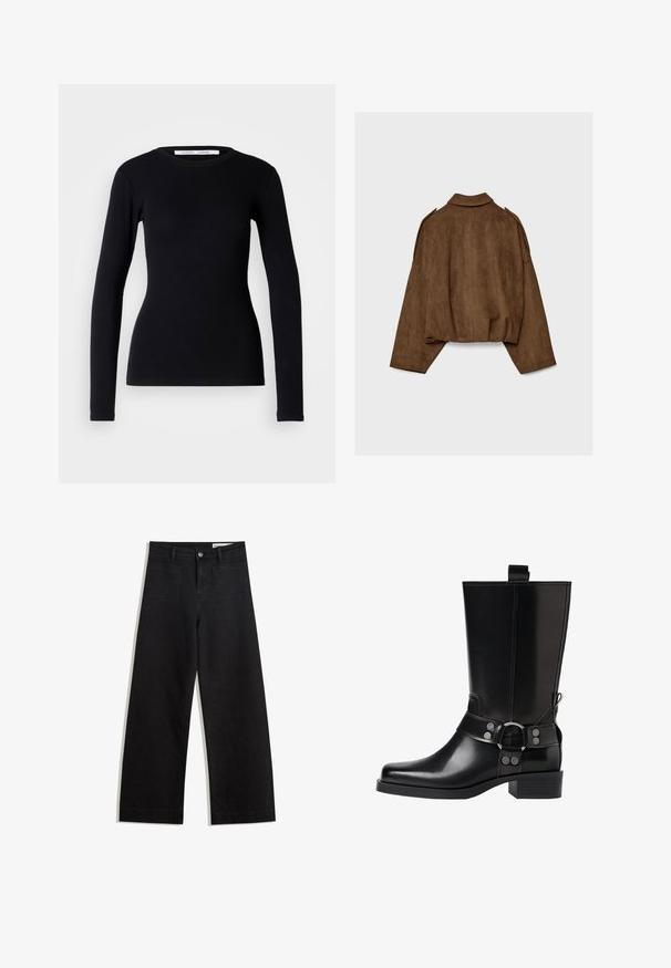 Brun jakke i imiteret ruskind med krave, oversized pasform og sænkede skuldre. Bagsiden har lodrette sømdetaljer og et cropped design.; Sort langærmet top lavet af ribbet stof. Har en rund halsudskæring og tætsiddende pasform. Ingen mønstre eller pyntegenstande. Simpelt design.; Sorte wide-leg denim bukser med høj talje, der har front- og baglommer, syede sømme og en knaplukning. Glat tekstur.; Sort læderknæhøj støvle med spids tå, sølv spænde detaljer og en robust hæl. Har en trækflap for nem påtagning.